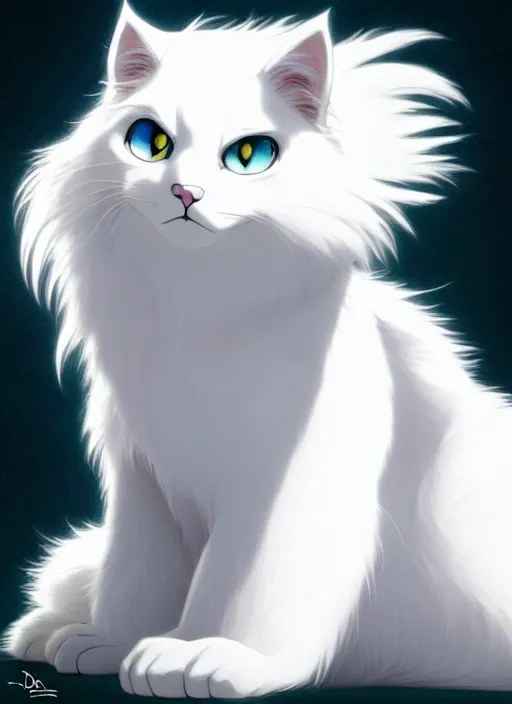 Image similar to fluffy white cat, natural lighting, path traced, highly detailed, high quality, cartoon, digital painting, by don bluth and ross tran and studio ghibli and alphonse mucha