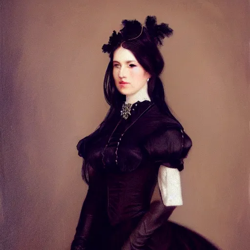 Prompt: a beautiful young woman, pale skin, black long hair, aristocrat, black expensive dress from 1 8 6 0, oil painting, digital art, studio photo, realistic, artstation, high quality, wild west