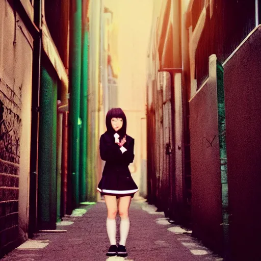 Image similar to a perfect 8K HD professional photo of close-up japanese schoolgirl posing in sci-fi dystopian alleyway, at instagram, Behance, Adobe Lightroom, with instagram filters, taken with polaroid kodak portra