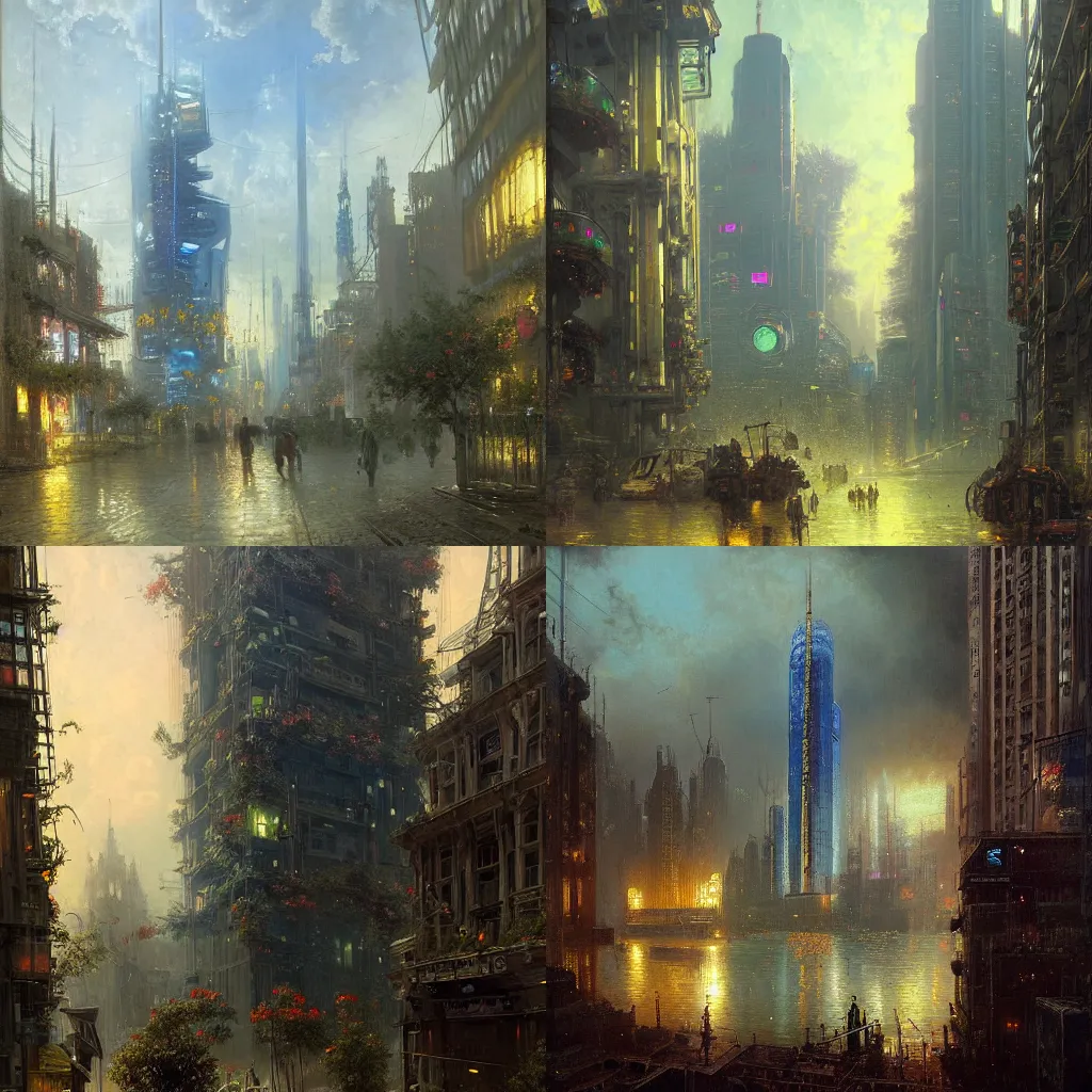 Prompt: detailed painting of a cyberpunk skyscraper, exterior, floral ornaments, volumetric light, andreas achenbach