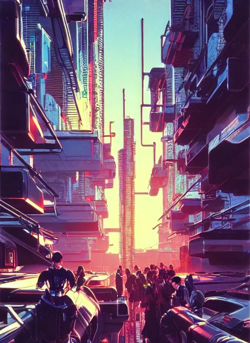 Prompt: photo of cyberpunk school, scifi, bright light, busy street, morning sun, interesting angle, 8 k high definition, insanely detailed, art by syd mead and masamune shirow