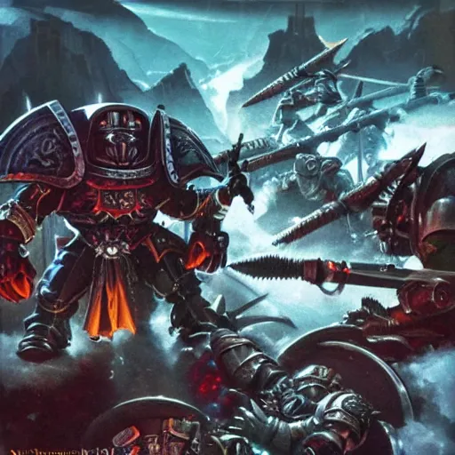 Image similar to Epic battle between Astartes and orcs in the world of Warhammer 40,000, retro futurism style