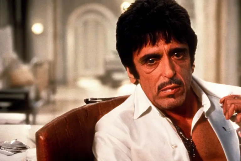 Prompt: tony montana from movie scarface 1 9 8 3 sitting at a big black oak table with big packages of flour. next to the night window. al pacino. perfect symmetric face, coherent eyes, medium shot, fine details, 4 k, ron cobb, cinestill