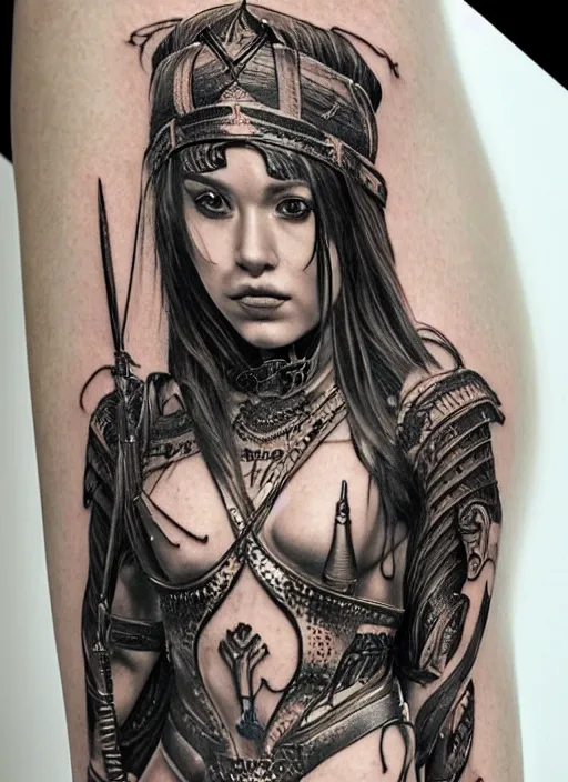 Image similar to tattoo design of a hyper - realistic beautiful girl warrior, hyper detailed, in the design of eliot kohek, white background