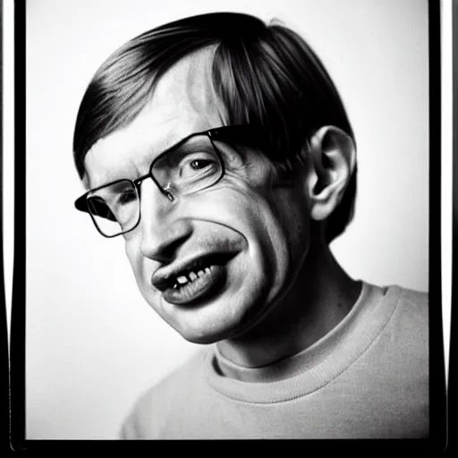 Prompt: Mugshot Portrait of Stephen Hawking, taken in the 1970s, photo taken on a 1970s polaroid camera, grainy, real life, hyperrealistic, ultra realistic, realistic, highly detailed, epic, HD quality, 8k resolution, body and headshot, film still, front facing, front view, headshot and bodyshot, detailed face, very detailed face