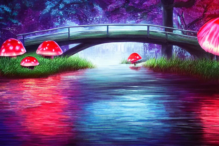 Image similar to a painting of giant mushrooms with lights next to a small bridge, flowing water, digital art, scenic, reds, purples, pink, reflections,