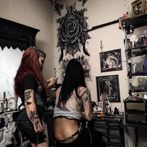 Image similar to female tattoo artist in gothic tattoo studio, greg rutkowski