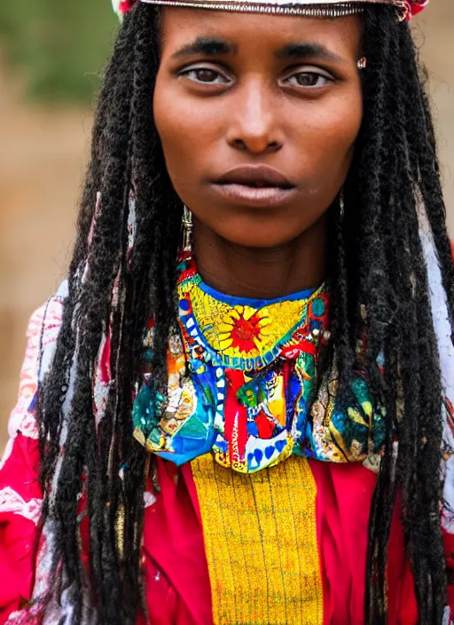 Image similar to Mid-shot portrait of a beautiful 20-year-old woman from Ethiopia in her traditional get-up, candid street portrait in the style of Mario Testino award winning, Sony a7R