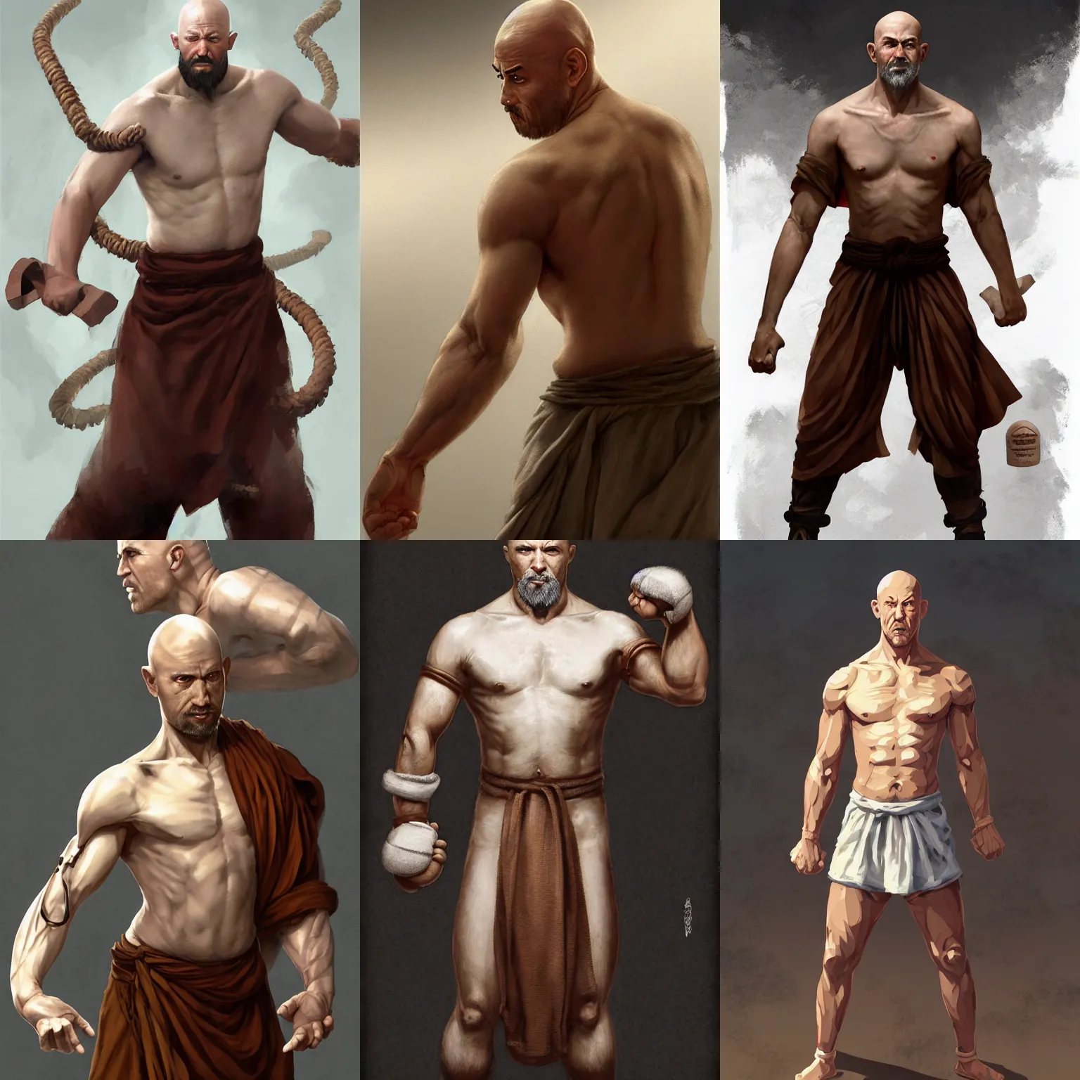 Prompt: Full body Picture of a male monk, fighter, exposed torso, bandage on arms, marked muscles, white skin, bald, white long beard, brown eyes, detailed face, combat stance, D&D, by artgerm and Craig Mullins, James Jean, Andrey Ryabovichev, Mark Simonetti and Peter Morbacher, matte painting, trending on artstation, artstationHD, artstationHQ, octane, full HD, 16K