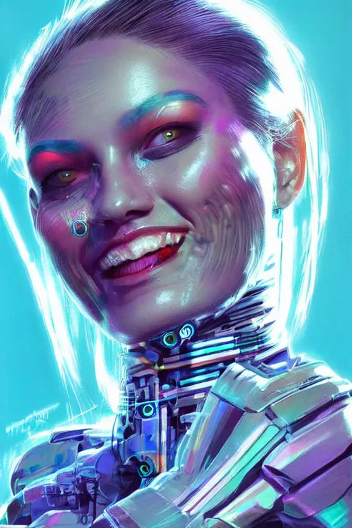 Prompt: portrait, headshot, digital painting, an beautiful techno - shaman cyborg lady, smiling, pearlescent, synthwave, glitch, fracture,, realistic, hyperdetailed, chiaroscuro, concept art, octane render, art by syd mead