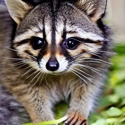 Prompt: A cross-breed of a tabby cat and a raccoon | very cute