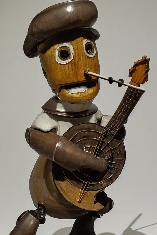 Prompt: glazed ceramic sculpture of a country bumpkin robot playing a banjo, straw in his mouth, studio lighting, rim lighting, high detail, hyper realistic, 8 k
