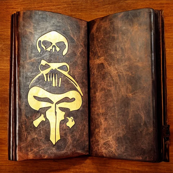 Prompt: ancient dimly lit fantasy punisher library with open punisher leather bound book laying open to a page featuring gold inlay punisher symbol. background light rays in dust