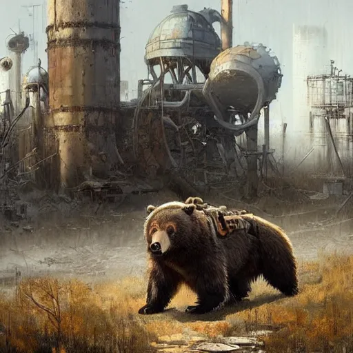 Image similar to a steampunk cyborg grizzly bear walking in a wasteland, abandoned barn in the background, collapsed water tower, painting by Greg Rutkowski