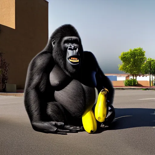 Prompt: big black man with gorilla body eating bananas in the hood, 8k resolution, full HD, cinematic lighting, award winning, anatomically correct