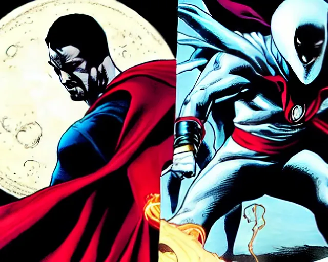 Prompt: still of moon knight vs dr. strange, in the series moon knight