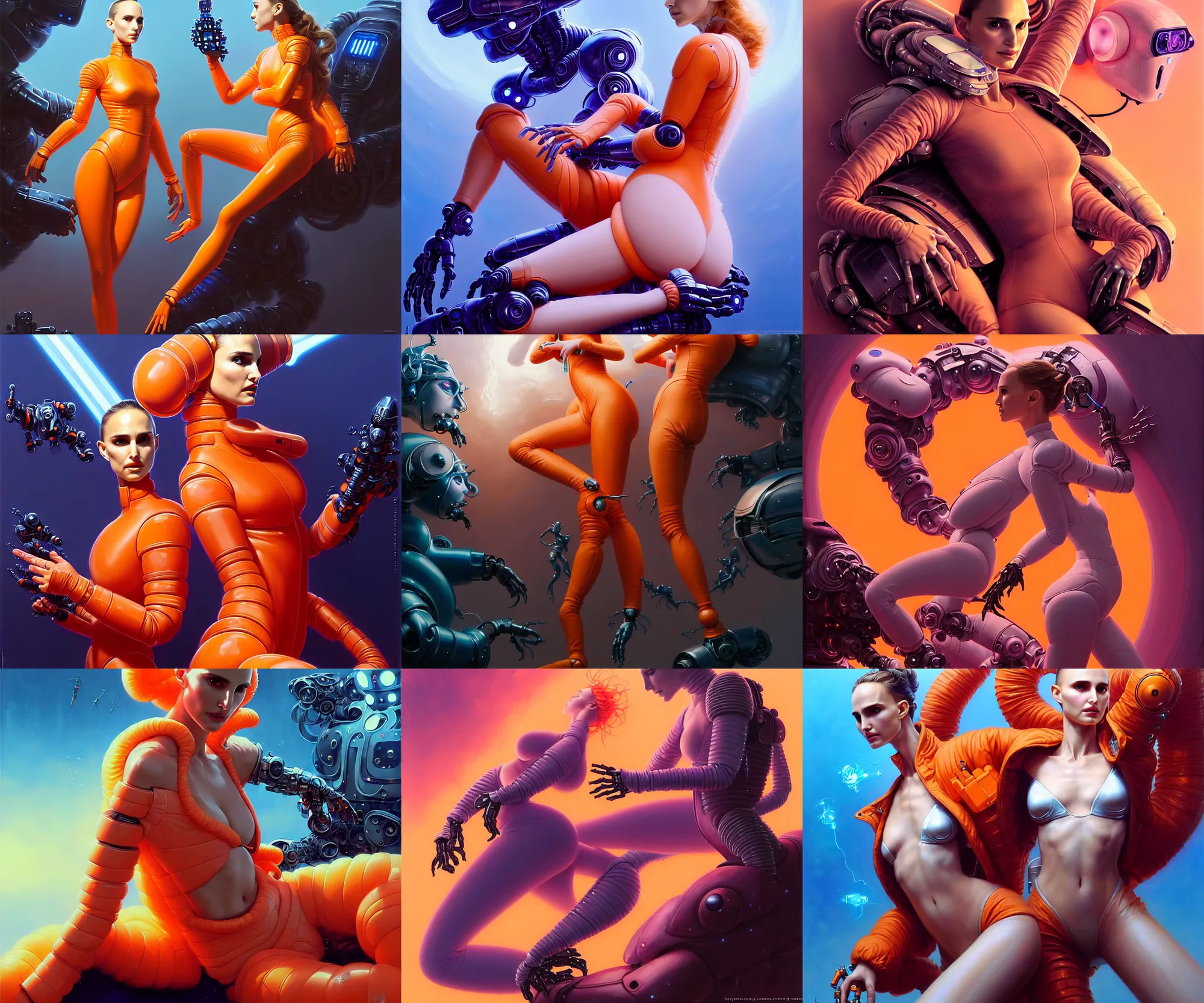 Image similar to beautiful fantasy character portrait, natalie portman, wearing orange puffy bomber jacket with leotard, seductive reclining pose, futuristic robots, ultra realistic, dramatic lighting, robots, the fifth element artifacts, highly detailed by peter mohrbacher, hajime sorayama, wayne barlowe, boris vallejo, aaron horkey, gaston bussiere, craig mullins