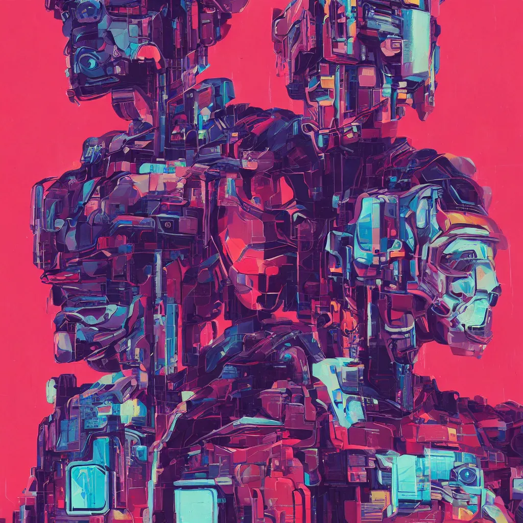 Image similar to a graph - style gouache impasto huge robot head in front of her, cyberpunk art by by james gilleard, cgsociety, retrofuturism, synthwave, retrowave, outrun