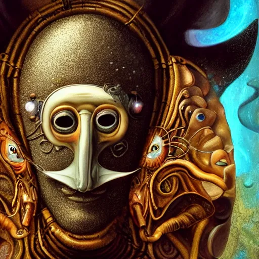 Image similar to full face close up portrait, sandman god of dreams wearing a plague - doctor mask, deliver me cosmic sight, by patrick woodroffe, by igor morski, by laurie lipton, valley of the damned background, cinematic lighting, volumetric lighting, neosurrealism, realistic shadows, sandman, particle effects, rendered in octane, psychedelic, cosmic, fantasy