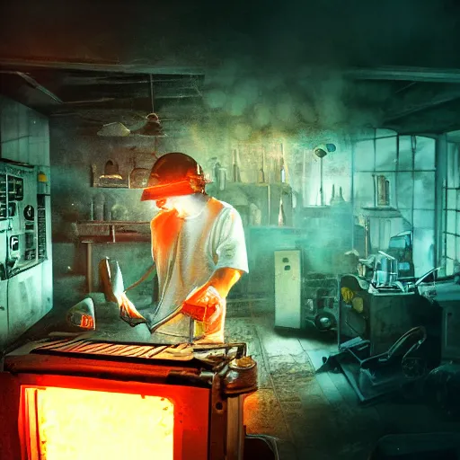 Image similar to cyborg toaster oven repairman, dark messy smoke - filled cluttered workshop, dark, dramatic lighting, orange tint, sparks, plasma rays, cinematic, highly detailed, sci - fi, futuristic, movie still