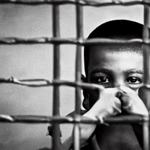 Image similar to a dramatic shot of a boy in prison