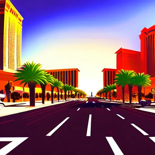 Image similar to las vegas in the future, city streets, golden hour, perspective artwork, photorealism