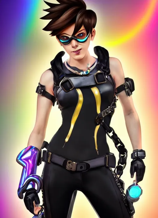 Image similar to full body digital artwork of tracer overwatch, wearing black iridescent rainbow latex tank top, 4 k, expressive happy smug expression, makeup, in style of mark arian, wearing detailed black leather collar, wearing chains, black leather harness, leather cuffs around wrists, detailed face and eyes,