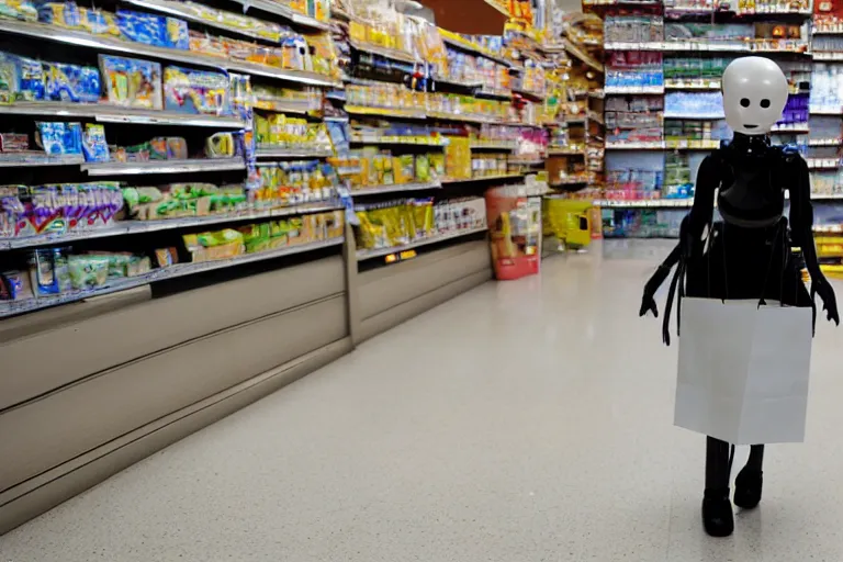 Image similar to photojournalism of sleek humanoid robot walking out of grocery store carrying paper grocery bags