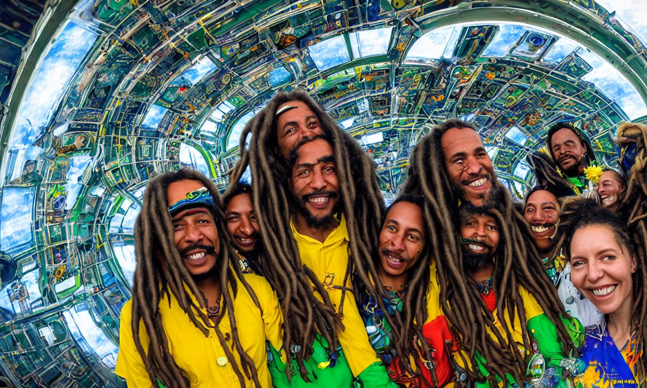 Prompt: very very beautiful portrait of inside a zero g rastafarian space station, diverse skin colors, in harmony with nature, solarpunk, community celebration, soundsystem, bass culture, high technology, village, with detailed realistic smiling faces, surrounded by advanced elegant factory machinery, galaxy and stars visible through the hexagonal glass roof, biomechanical, symmetrical, sunrise, golden ratio, elegant, visionary, streamlined, elite, lush, atmospheric, volumetric lighting, haunting, wide angle, cinematic, trending on artstation, unreal engine, 8k, vivid and vibrant