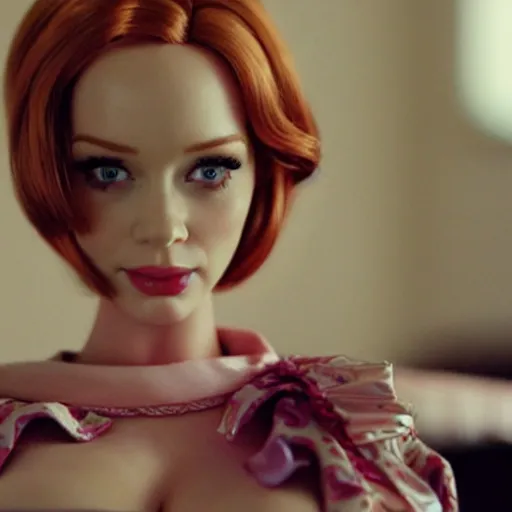 Image similar to amazing beautiful Christina Hendricks barbie doll in the living room, film still from the movie directed by Denis Villeneuve , wide lens