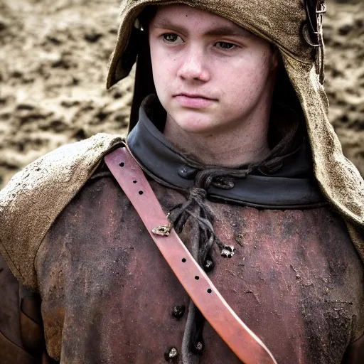 Image similar to Young medieval squire with medieval clothes. Standing in the mud. Face closeup. Hyper realistic photo.