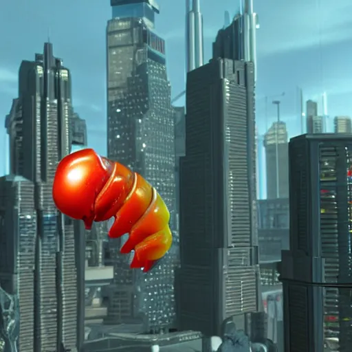 Image similar to medium shot of a a small edible gummi worm candy with cybernetics for sale from a food truck. the food truck is hovering high next to a tall building. the candy is displayed with dramatic product lighting, pearlescent. a scene from fifth element ( 1 9 9 7 ), unreal engine 5, octane 3 d, render, ( cyberpunk )