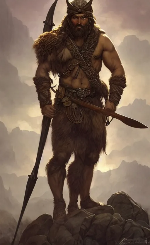 Prompt: full body portrait of a gruff ranger with a spear, wolf companion, lean muscular, handsome face, hairy body, D&D, fantasy, intricate, elegant, highly detailed, digital painting, artstation, concept art, matte, sharp focus, illustration, art by Artgerm and Greg Rutkowski and Alphonse Mucha