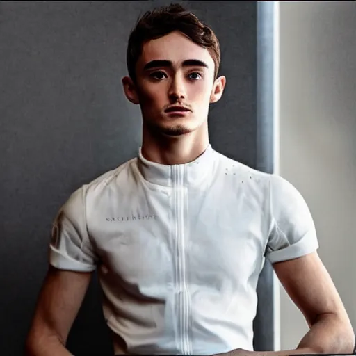 Image similar to “a realistic detailed photo of a guy who is an attractive humanoid who is half robot and half humanoid, who is a male android, Charles Leclerc, shiny skin, posing like a statue, blank stare”