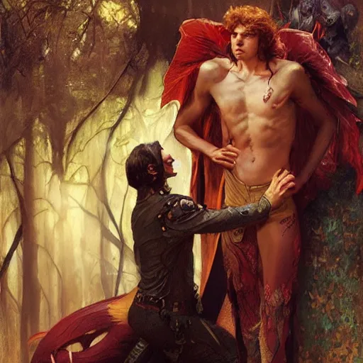 Image similar to attractive male fairy of the forest confesses his love to attractive male dracula the vampire. highly detailed painting by gaston bussiere, craig mullins, j. c. leyendecker 8 k