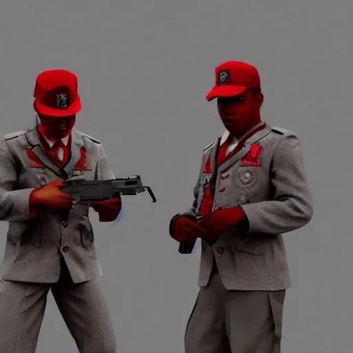 Image similar to zombie security guard officers ( beige uniform and caps ) wield ( uzis ) in ( brutalist concrete gray office ) ( floating in red spectral aura ) trending on artstation high detail concept art digital painting 4 k 8 k hd