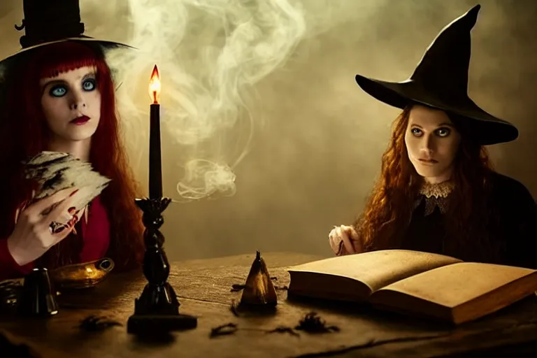 Prompt: close up portrait, dramatic lighting, teen alice witch casting a spell over a large open book on a table with,, cat on the table in front of her, sage smoke, a witch hat cloak, apothecary shelves in the background, still from tim burton movie