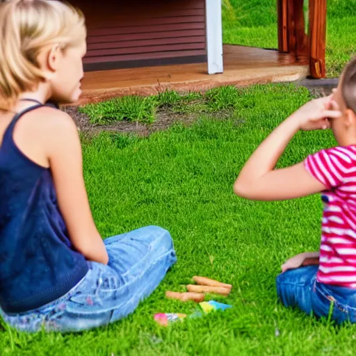 Image similar to kids sitting on a porch drinking root beer while looking at their lawn 8k in the background is a colorful galaxy in the sky