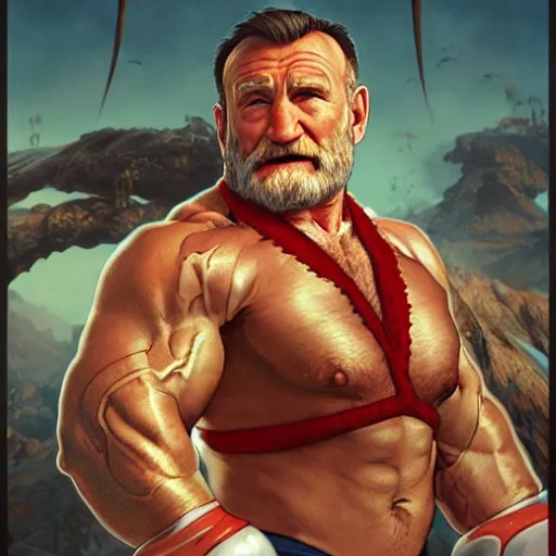 Image similar to robin williams as zangief from street fighter, flexing, ultra realistic, concept art, intricate details, eerie, highly detailed, photorealistic, octane render, 8 k, unreal engine. art by artgerm and greg rutkowski and magali villeneuve and alphonse mucha