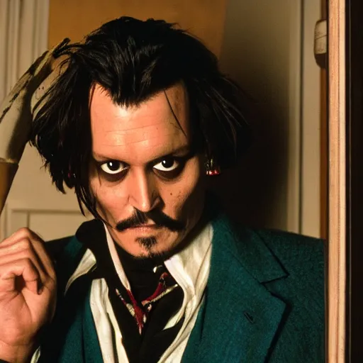 Image similar to Johnny Depp plays Jack Torrance in Shining, he is smashing through the door