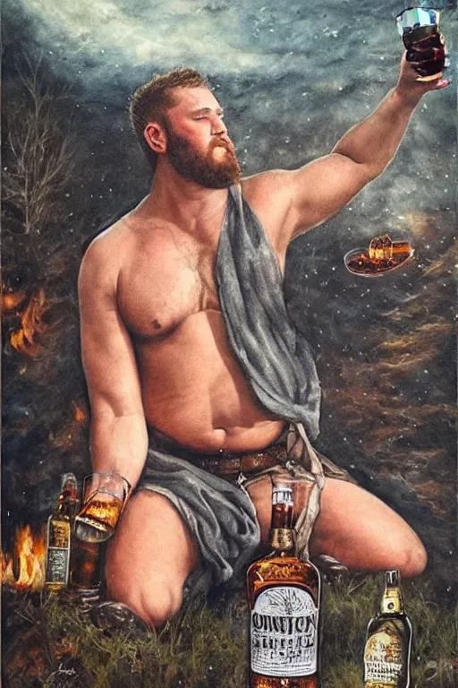 Prompt: a dramatic, epic, ethereal painting of a (!!!!!!handsome!!!!!!) thicc chunky beefy mischievous shirtless with a big beer belly wearing a large belt and bandana offering a whiskey bottle | he is a cowboy relaxing by a campfire | background is a late night with food and jugs of whisky | homoerotic | stars, !!tarot!! card, art deco, art nouveau, intricate | by Mark Maggiori (((and Alphonse Mucha))) | trending on artstation