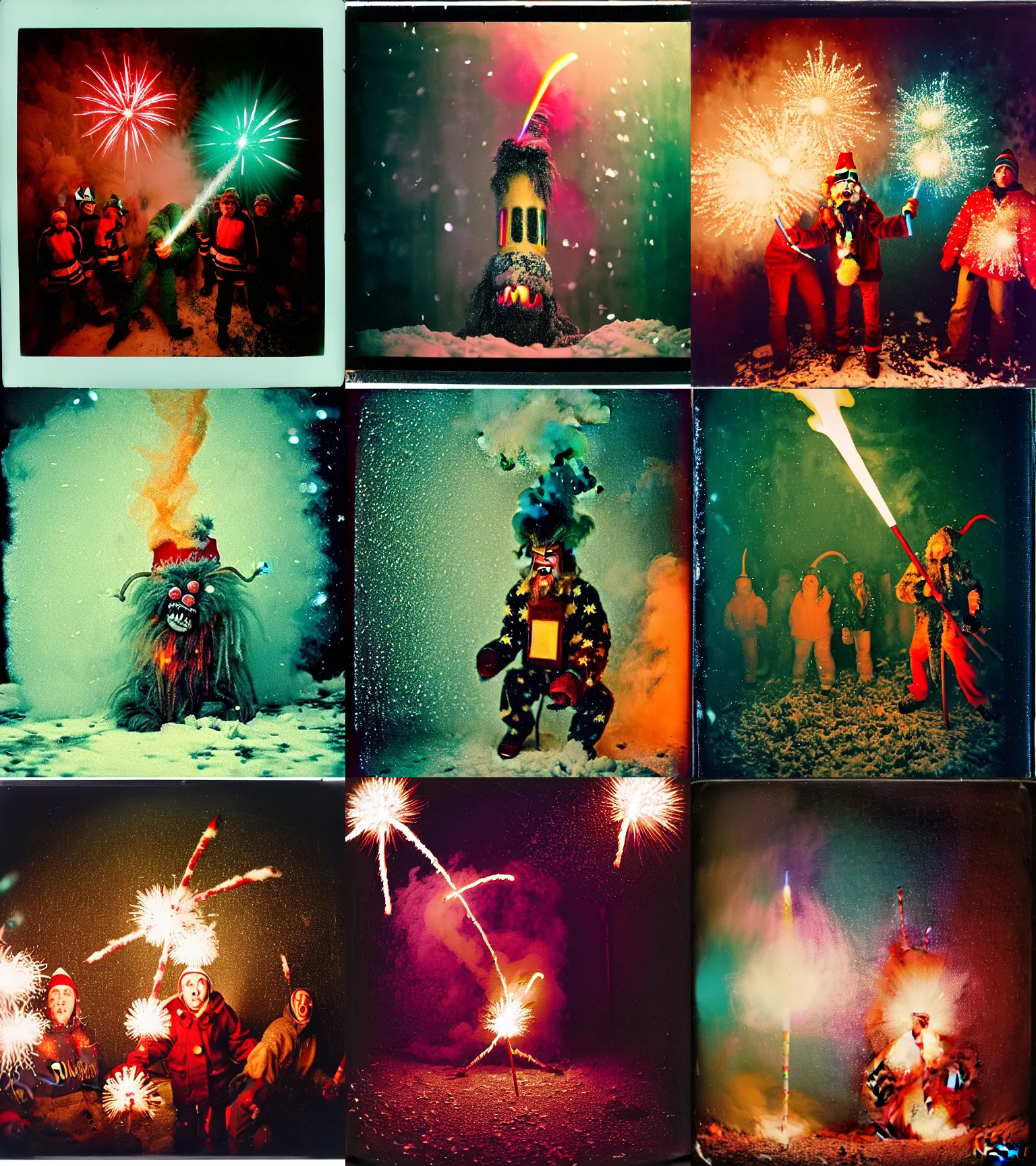 Image similar to kodak portra 4 0 0, wetplate, winter, snowflakes, rainbow coloured rockets, chaos, glitter tornados, award winning dynamic photo of a bunch of hazardous krampus between exploding fire barrels by robert capas, motion blur, in a small pantry at night with colourful pyro fireworks and torches, teal lights