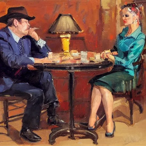 Image similar to by john wayne gacy, by michael garmash realist. a installation art of two people, a man & a woman, sitting at a table. the man is looking at the woman with interest. the woman is not interested in him. there is a lamp on the table between them.