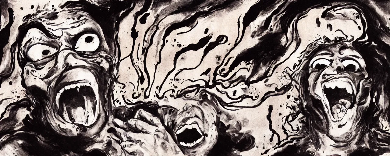 Prompt: portrait of a single mad man screaming and melting with dark ink in style of Yamato, Salvador Dali, Peter Palombi,