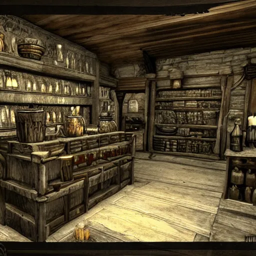 Image similar to Whiterun apothecary interior, potion shop interior, glowing potions, skyrim, set within Elder Scrolls 5 as fanart