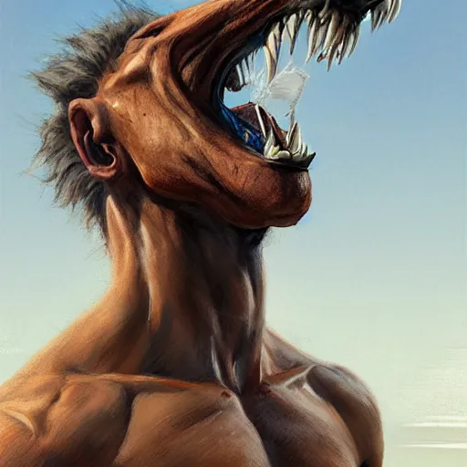 Prompt: portrait of a muscular half man half horse mutant creature on the beach,digital art,ultra realistic,ultra detailed,art by greg rutkowski,hyperdetailed,anthropomorphic,photorealistic,trending on artstation,deviantart,SFW