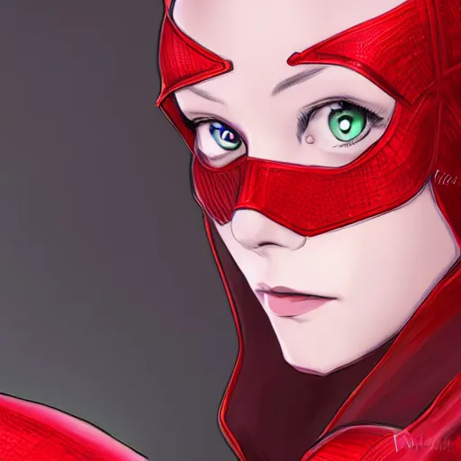 Prompt: Elizabeth as Scarlet Witch portrait, male anime style, illustrated by Avetetsuya Studios, intricate, detailed, photorealistic, trending on artstation, studio lighting, 4k, 8k