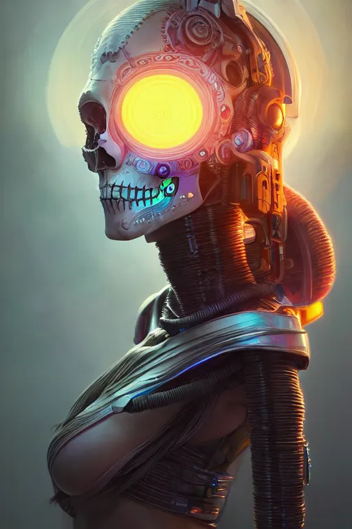 Prompt: ultra detailed, female android, scifi, fantasy, octane render, ( dia de los muertos, triadic color scheme, asymmetrical, intricate detailed, global illumination, concept art, art by michael welan and rossdraws and artgerm and greg rutkowski and alphonse mucha and loish and wlop. 8 k, hdr