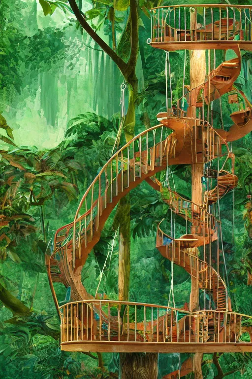 Image similar to tree house in the rainforest, spiral staircase, swings, garden, by alba ballesta gonzalez. 4 k wallpaper, digital flat 2 d, comic book, illustration, cinematic lighting, smooth sharp focus.