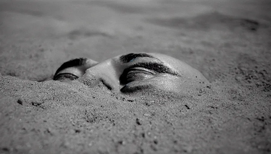 Image similar to 1 9 6 0 s movie still close up of marcus atilius regulus bloody eyes looking directly at the sun his body buried in the sand, cinestill 8 0 0 t 3 5 mm b & w, high quality, heavy grain, high detail, texture, dramatic light, anamorphic, hyperrealistic, detailed hair